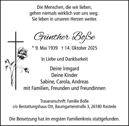 Traueranzeige von Günther Boße von Nordwest-Zeitung