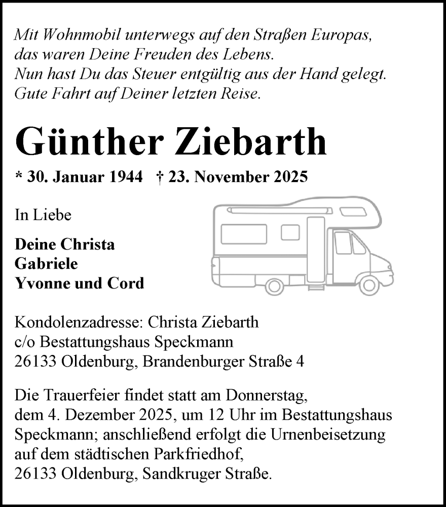  Traueranzeige für Günther Ziebarth vom 29.11.2025 aus Nordwest-Zeitung