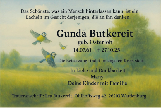 Traueranzeige von Gunda Butkereit von Nordwest-Zeitung