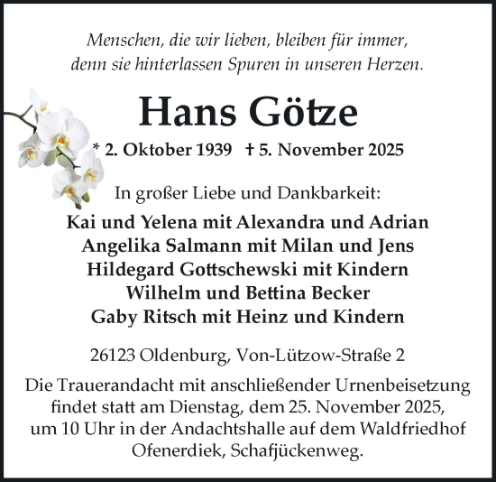 Traueranzeige von Hans Götze von Nordwest-Zeitung
