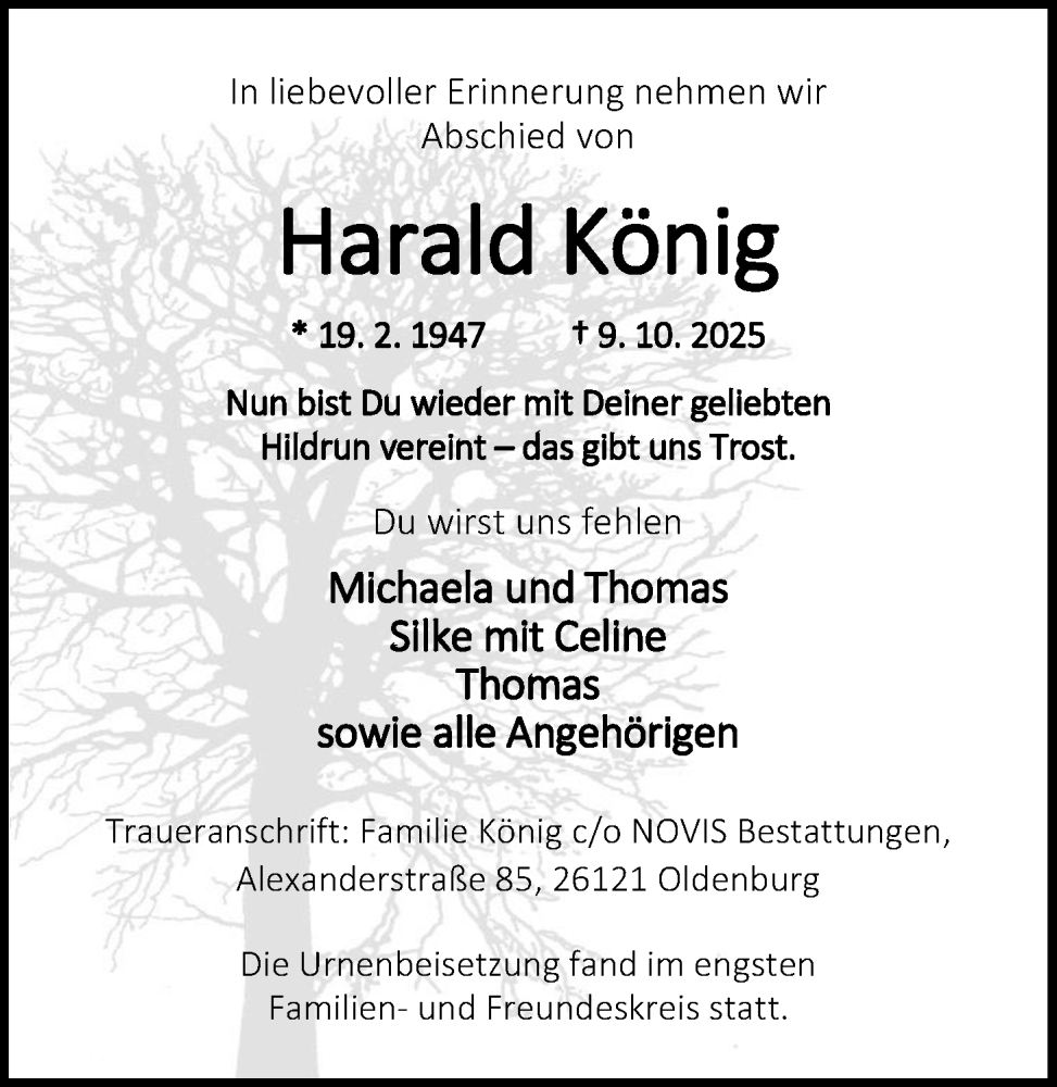  Traueranzeige für Harald König vom 22.11.2025 aus Nordwest-Zeitung