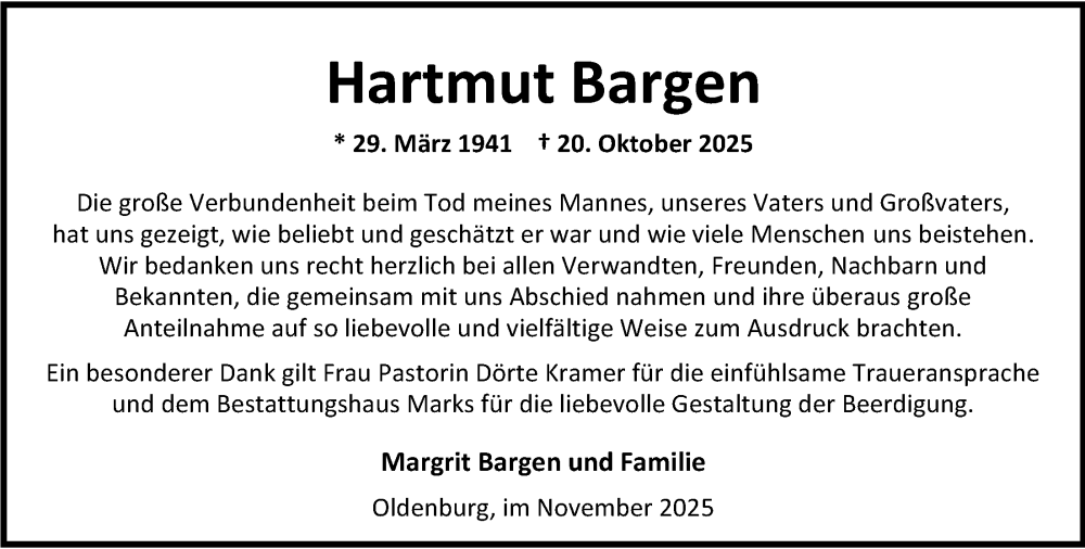  Traueranzeige für Hartmut Bargen vom 22.11.2025 aus Nordwest-Zeitung