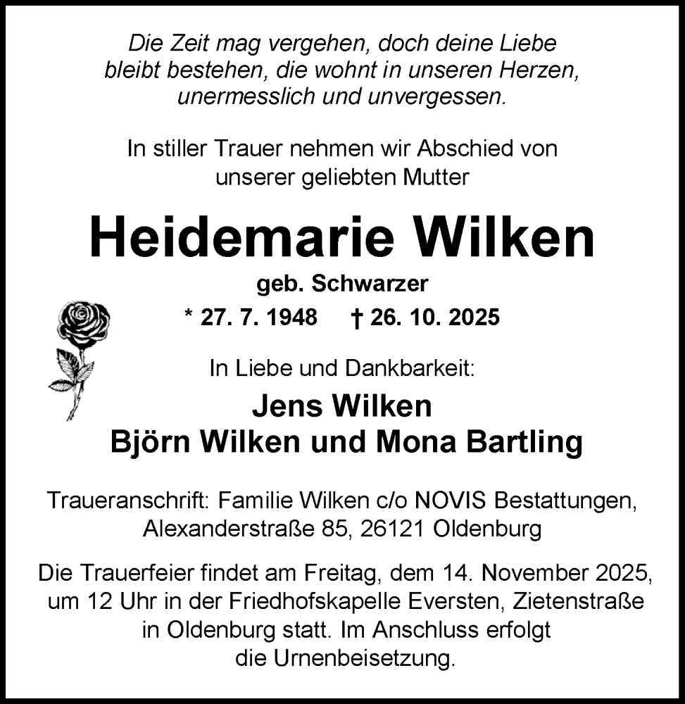  Traueranzeige für Heidemarie Wilken vom 08.11.2025 aus Nordwest-Zeitung