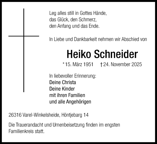 Traueranzeige von Heiko Schneider von Nordwest-Zeitung