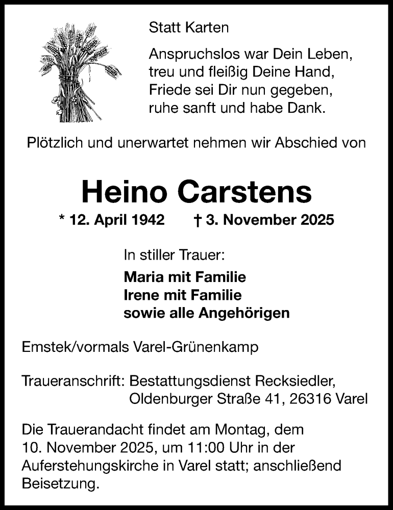  Traueranzeige für Heino Carstens vom 07.11.2025 aus Nordwest-Zeitung