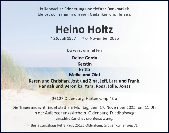 Traueranzeige von Heino Holtz von Nordwest-Zeitung
