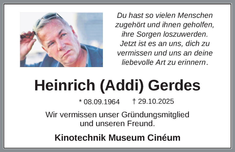  Traueranzeige für Heinrich Gerdes vom 29.11.2025 aus WZ/JW/AH