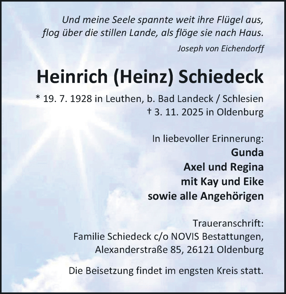  Traueranzeige für Heinrich Schiedeck vom 08.11.2025 aus Nordwest-Zeitung