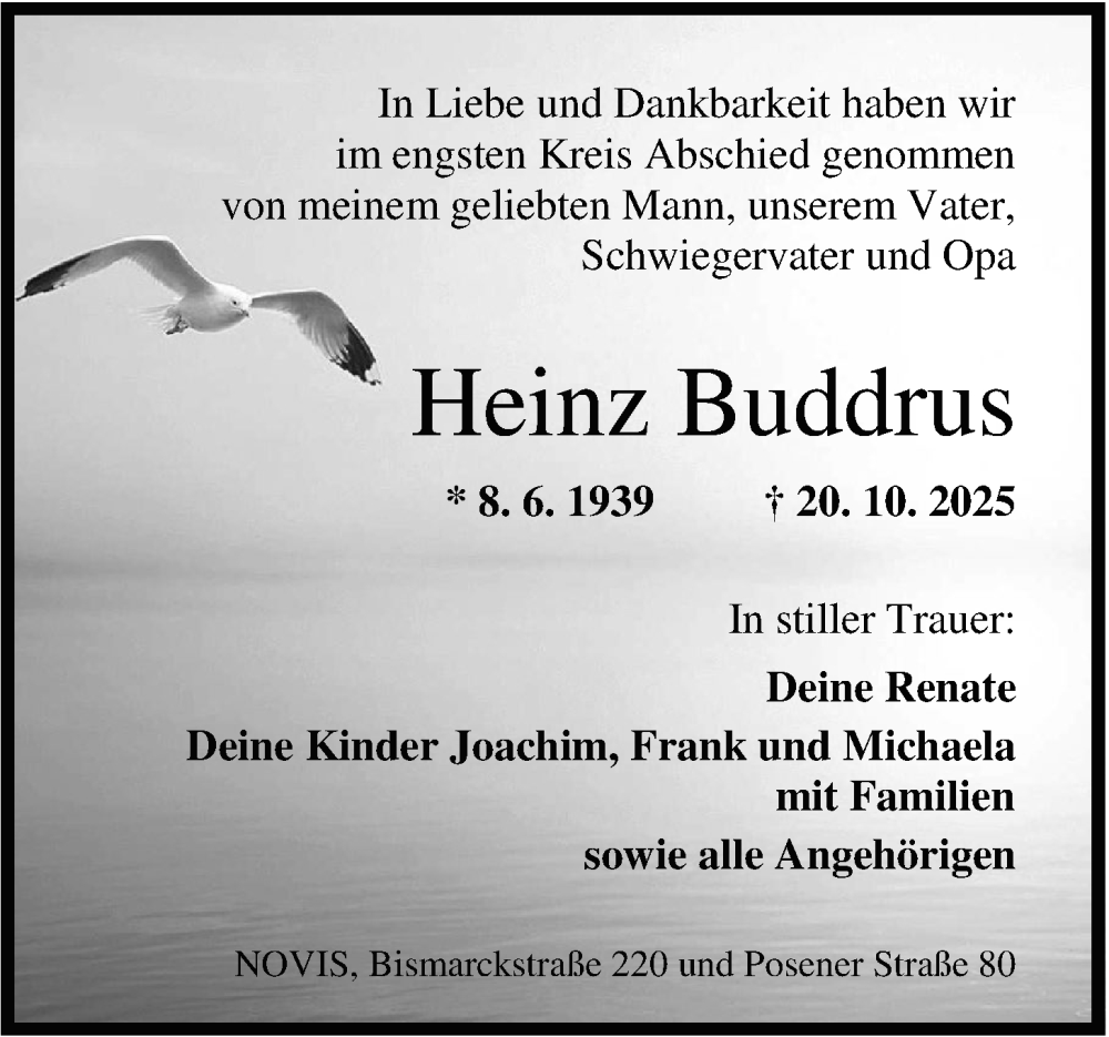  Traueranzeige für Heinz Buddrus vom 15.11.2025 aus WZ/JW/AH