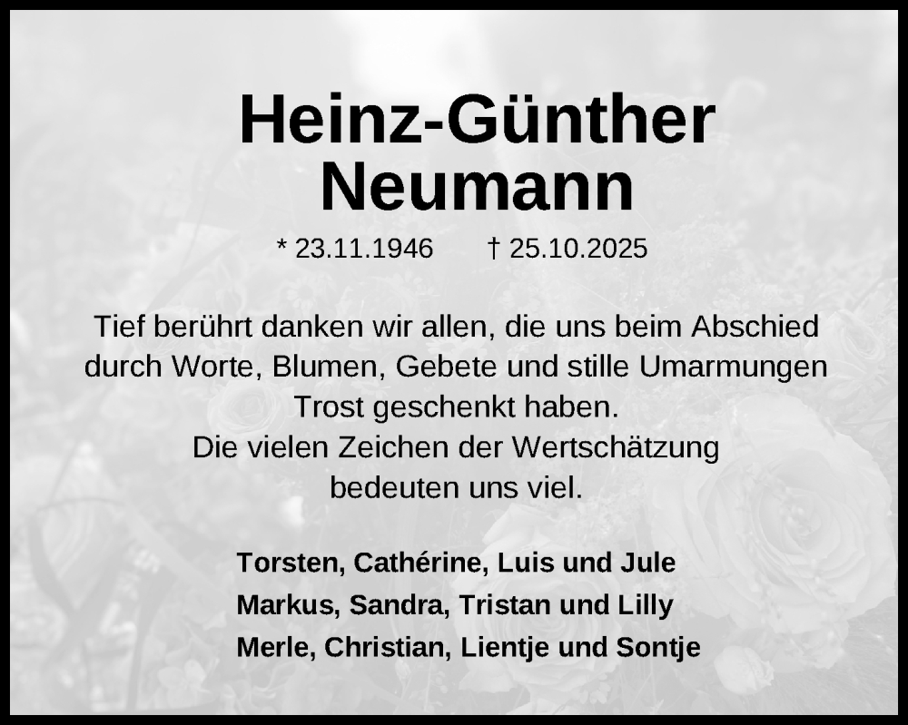  Traueranzeige für Heinz-Günther Neumann vom 22.11.2025 aus Nordwest-Zeitung