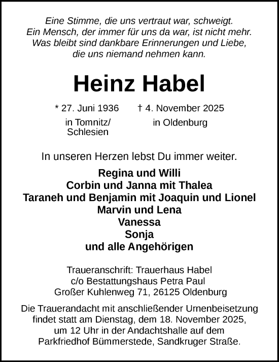 Traueranzeige von Heinz Habel von Nordwest-Zeitung