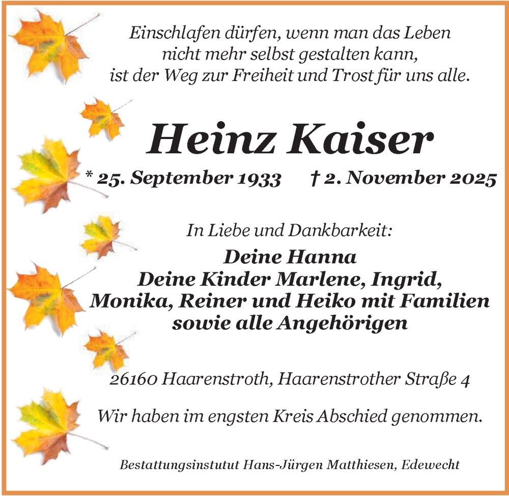  Traueranzeige für Heinz Kaiser vom 15.11.2025 aus Nordwest-Zeitung