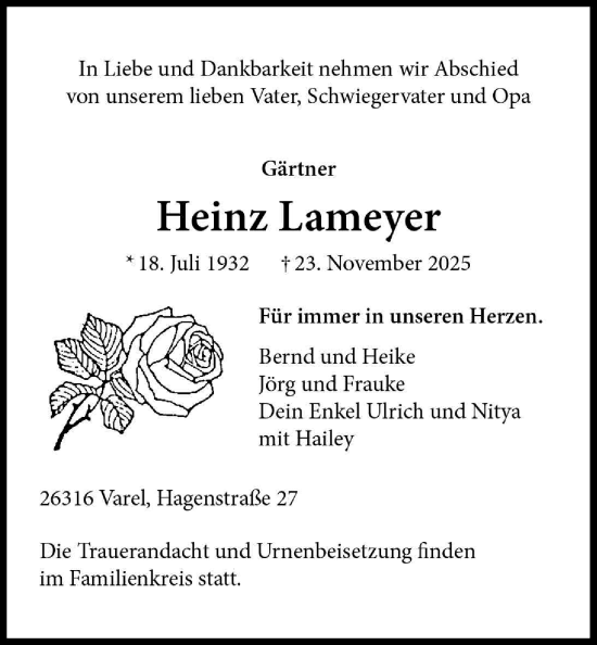 Traueranzeige von Heinz Lameyer von Nordwest-Zeitung