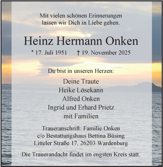 Traueranzeige von Heinz Hermann Onken von Nordwest-Zeitung