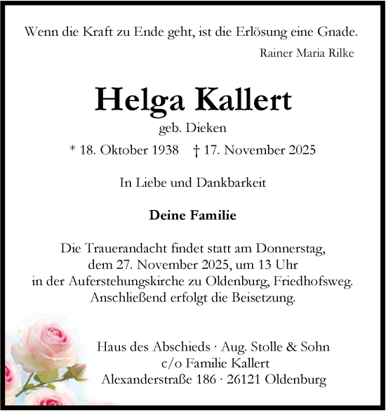 Traueranzeige von Helga Kallert von Nordwest-Zeitung