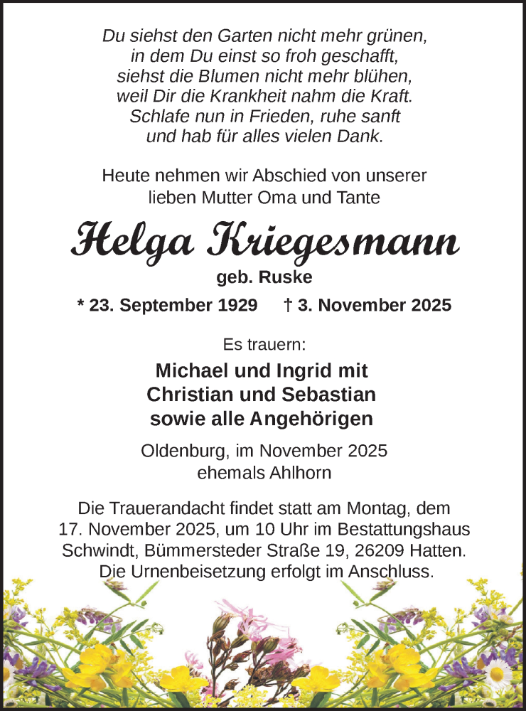  Traueranzeige für Helga Kriegesmann vom 08.11.2025 aus Nordwest-Zeitung