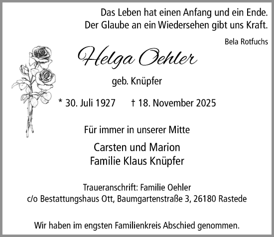 Traueranzeige von Helga Oehler von Nordwest-Zeitung