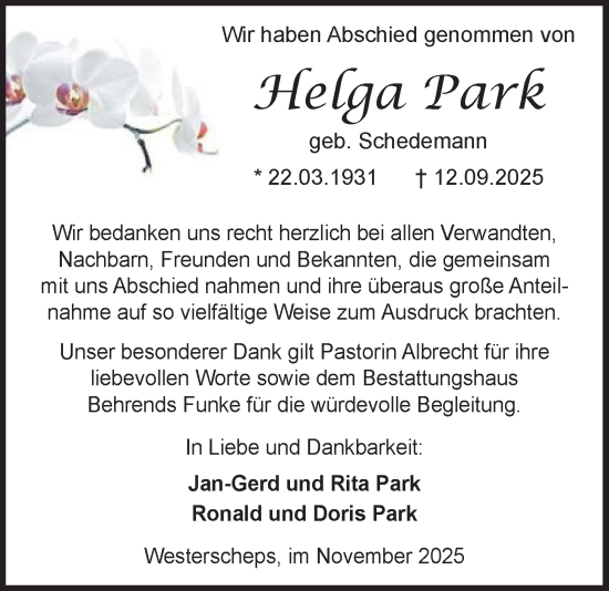 Traueranzeige von Helga Park von Nordwest-Zeitung