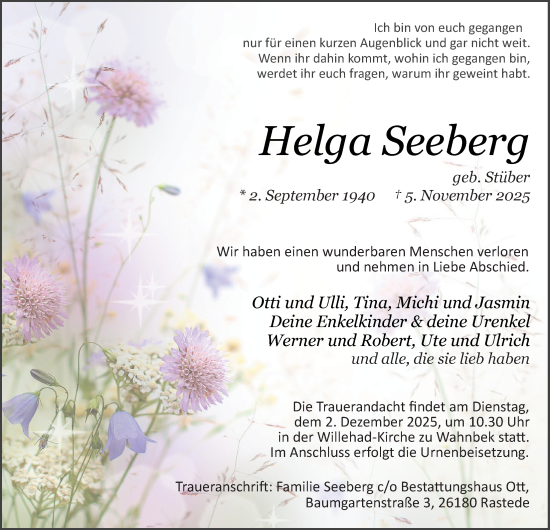 Traueranzeige von Helga Seeberg von Nordwest-Zeitung