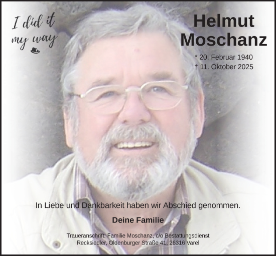 Traueranzeige von Helmut Moschanz von Nordwest-Zeitung