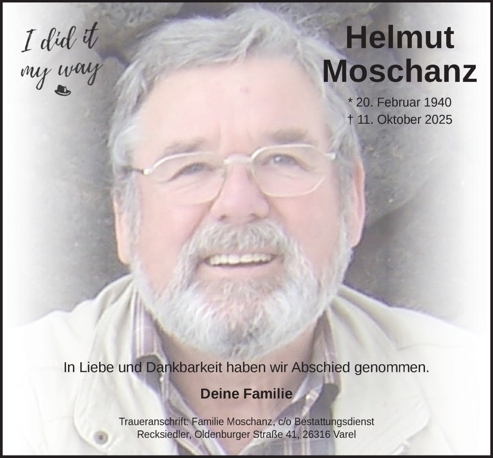  Traueranzeige für Helmut Moschanz vom 15.11.2025 aus Nordwest-Zeitung
