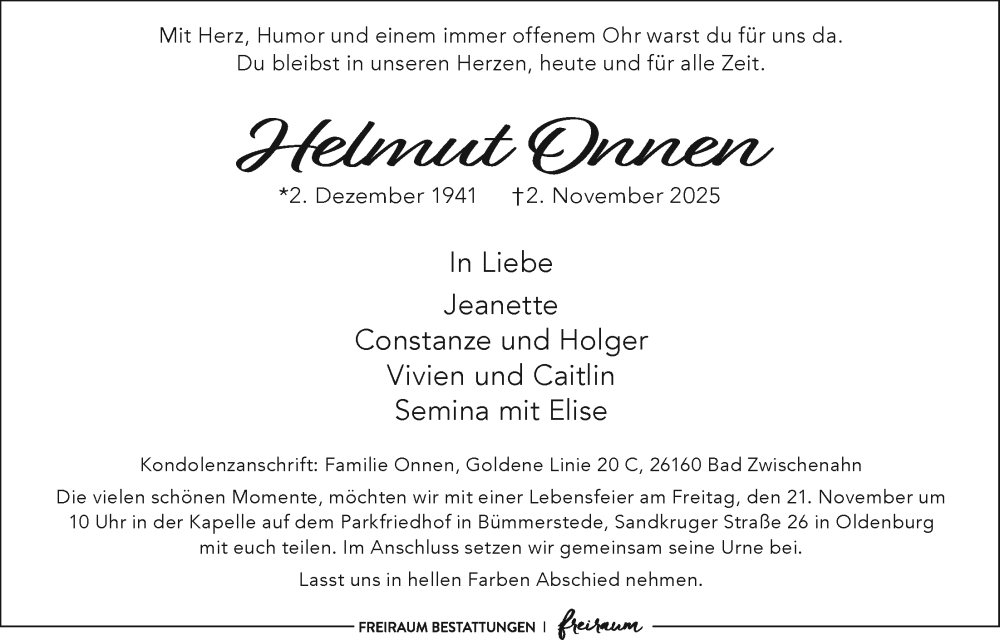  Traueranzeige für Helmut Onnen vom 08.11.2025 aus Nordwest-Zeitung
