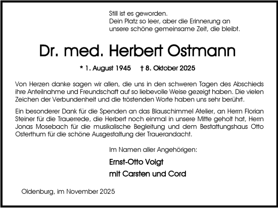 Traueranzeige von Herbert Ostmann von Nordwest-Zeitung