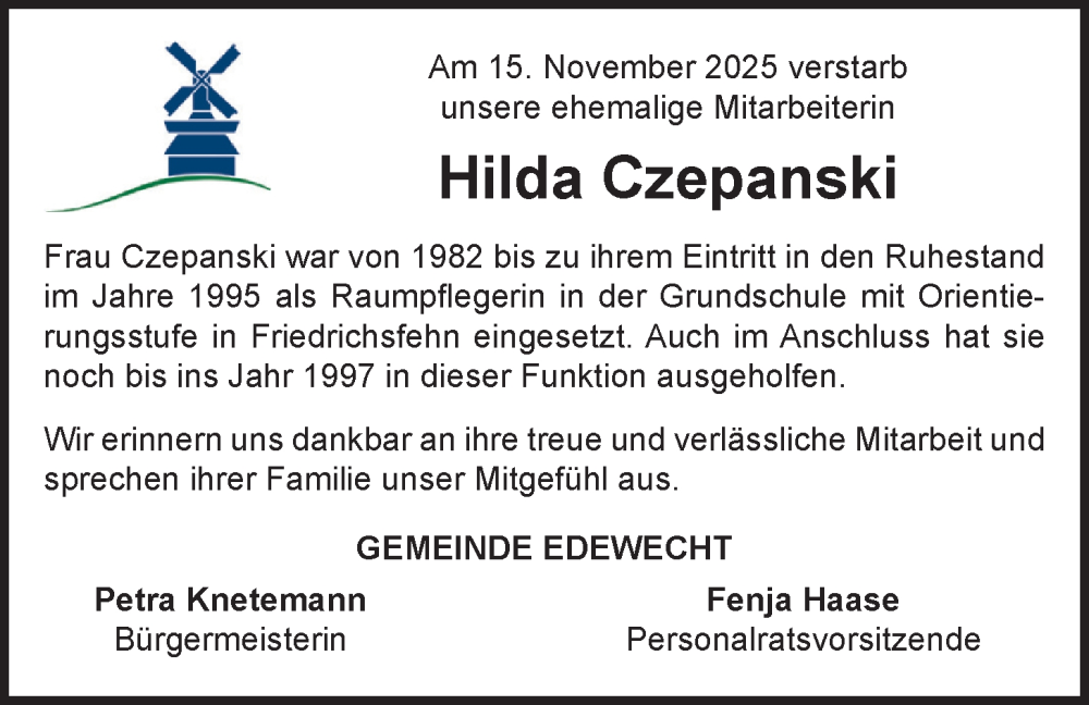  Traueranzeige für Hilda Czepanski vom 25.11.2025 aus Nordwest-Zeitung