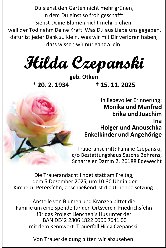  Traueranzeige für Hilda Czepanski vom 22.11.2025 aus Nordwest-Zeitung