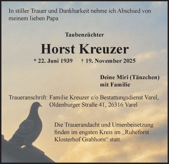 Traueranzeige von Horst Kreuzer von Nordwest-Zeitung