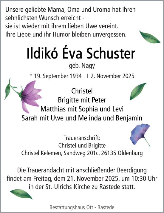 Traueranzeige von Ildiko Eva Schuster von Nordwest-Zeitung