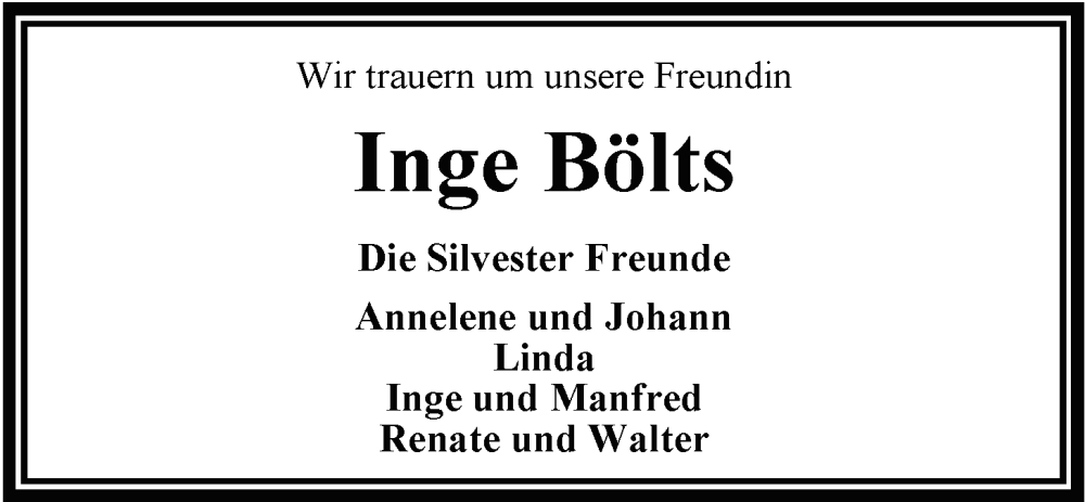  Traueranzeige für Inge Bölts vom 22.11.2025 aus Nordwest-Zeitung