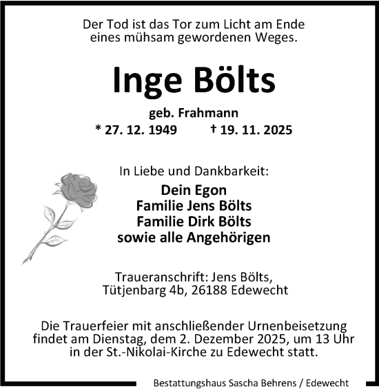 Traueranzeige von Inge Bölts von Nordwest-Zeitung
