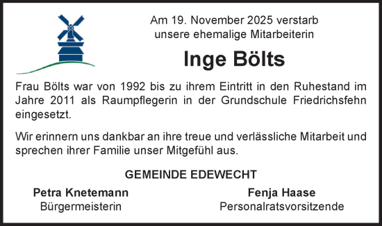 Traueranzeige von Inge Bölts von Nordwest-Zeitung