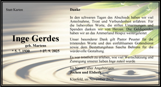 Traueranzeige von Inge Gerdes von Nordwest-Zeitung