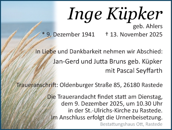 Traueranzeige von Inge Küpker von Nordwest-Zeitung