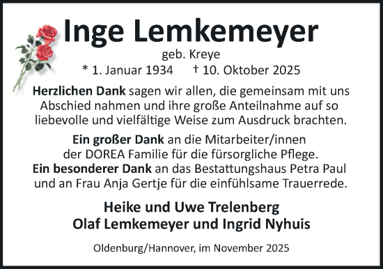 Traueranzeige von Inge Lemkemeyer von Nordwest-Zeitung