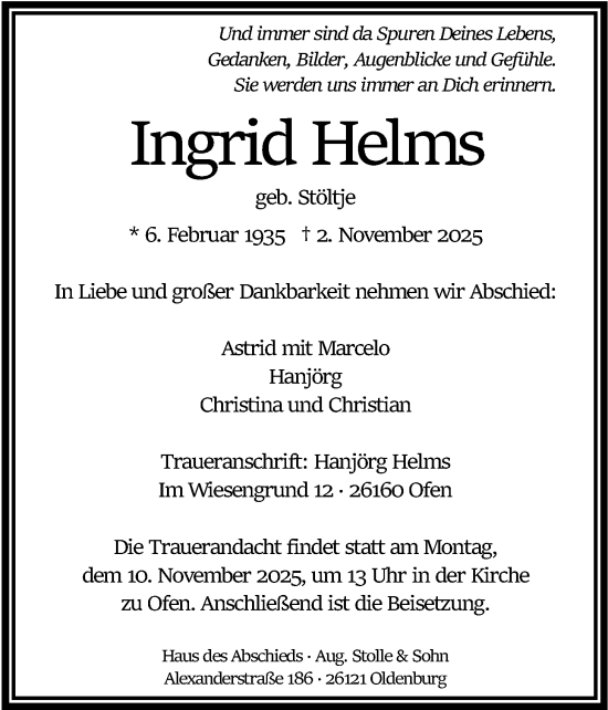 Traueranzeige von Ingrid Helms von Nordwest-Zeitung
