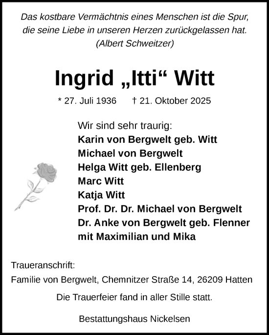 Traueranzeige von Ingrid Witt von Nordwest-Zeitung