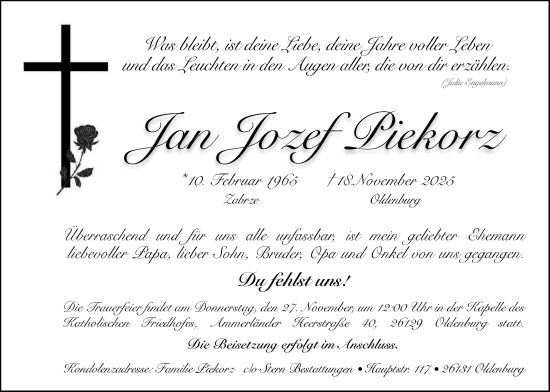 Traueranzeige von Jan Jozef Piekorz von Nordwest-Zeitung