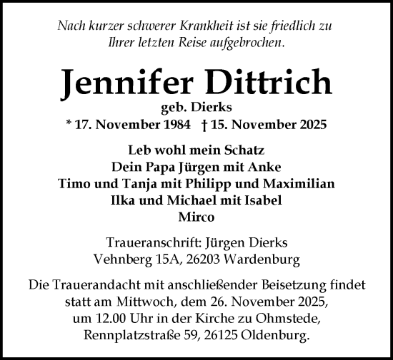 Traueranzeige von Jennifer Dittrich von Nordwest-Zeitung