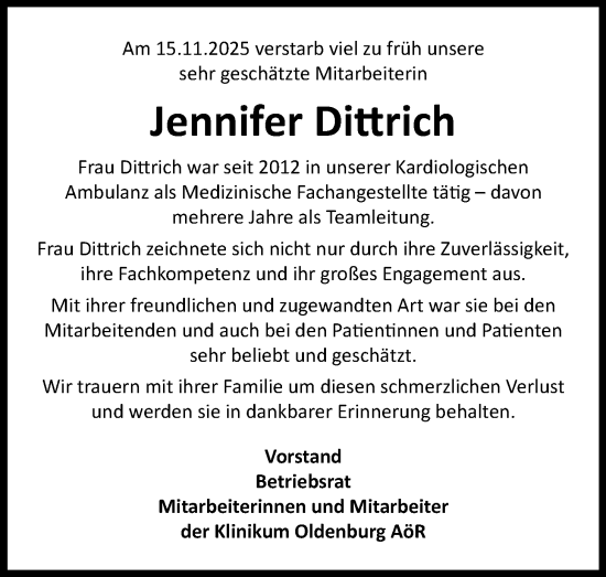 Traueranzeige von Jennifer Dittrich von Nordwest-Zeitung