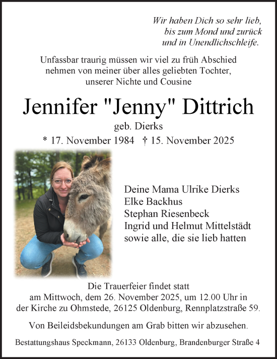 Traueranzeige von Jennifer Dittrich von Nordwest-Zeitung