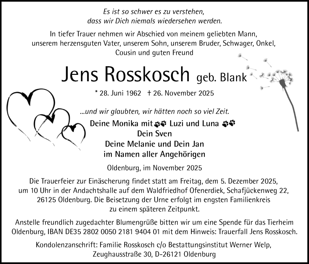  Traueranzeige für Jens Rosskosch vom 29.11.2025 aus Nordwest-Zeitung