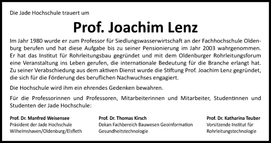 Traueranzeige von Joachim Lenz von Nordwest-Zeitung