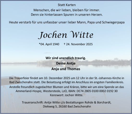 Traueranzeige von Jochen Witte von Nordwest-Zeitung