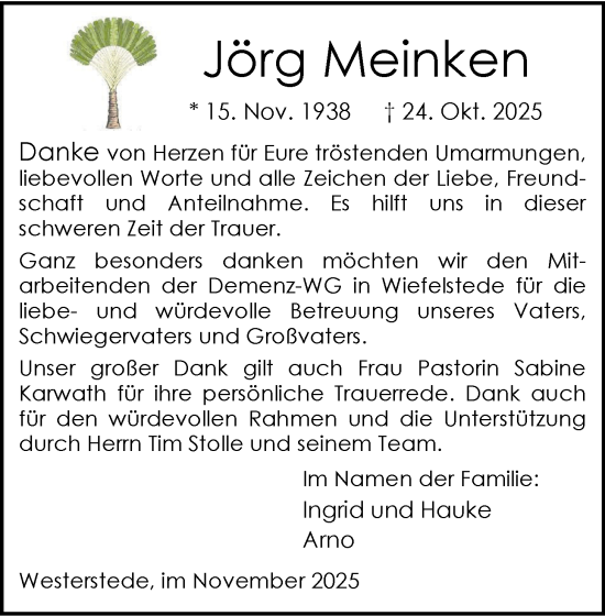 Traueranzeige von Jörg Meinken von Nordwest-Zeitung