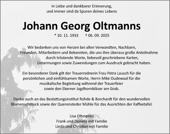 Traueranzeige von Johann Georg Oltmanns von Nordwest-Zeitung