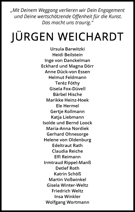 Traueranzeige von Jürgen Weichardt von Nordwest-Zeitung