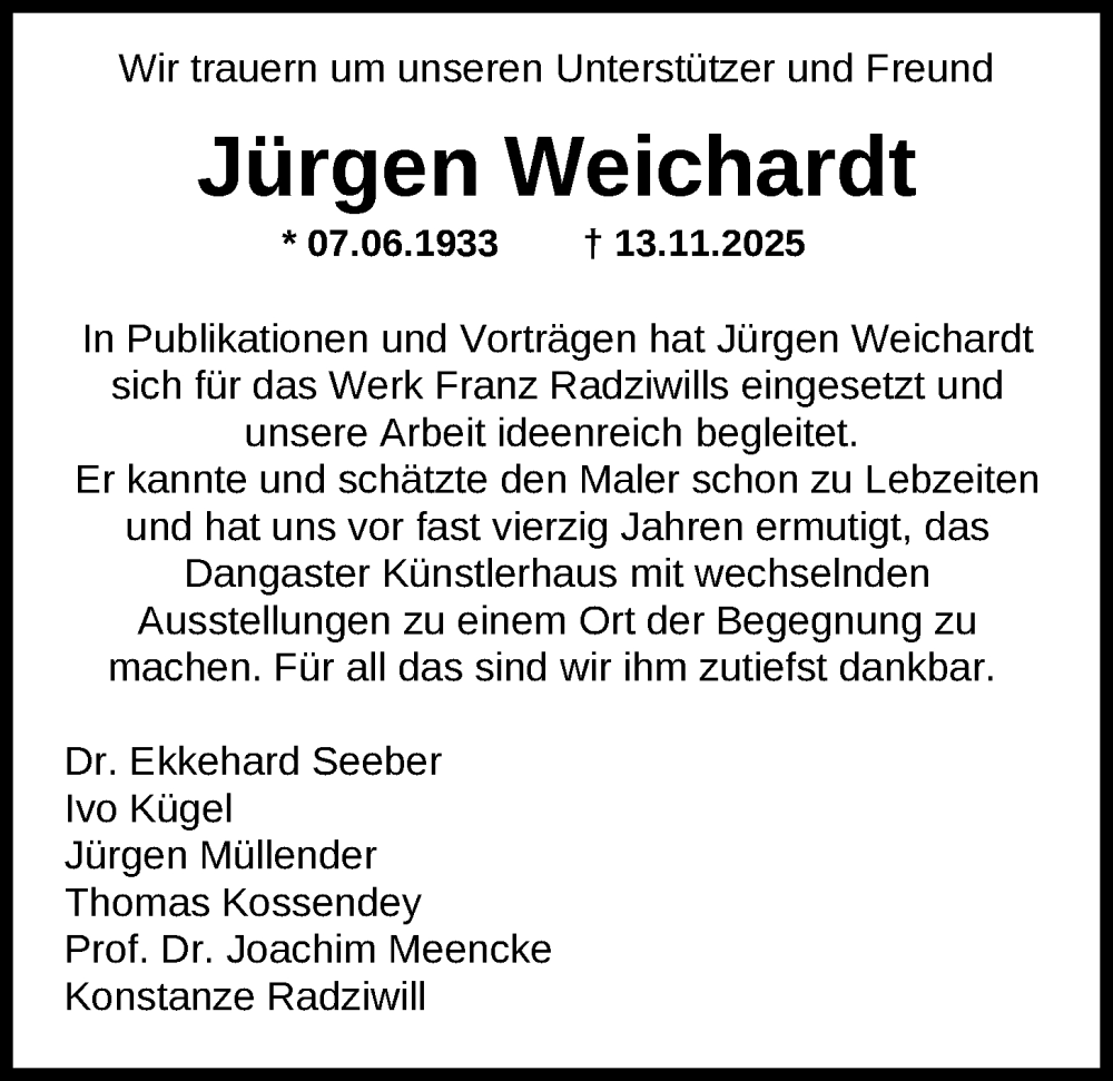  Traueranzeige für Jürgen Weichardt vom 25.11.2025 aus Nordwest-Zeitung